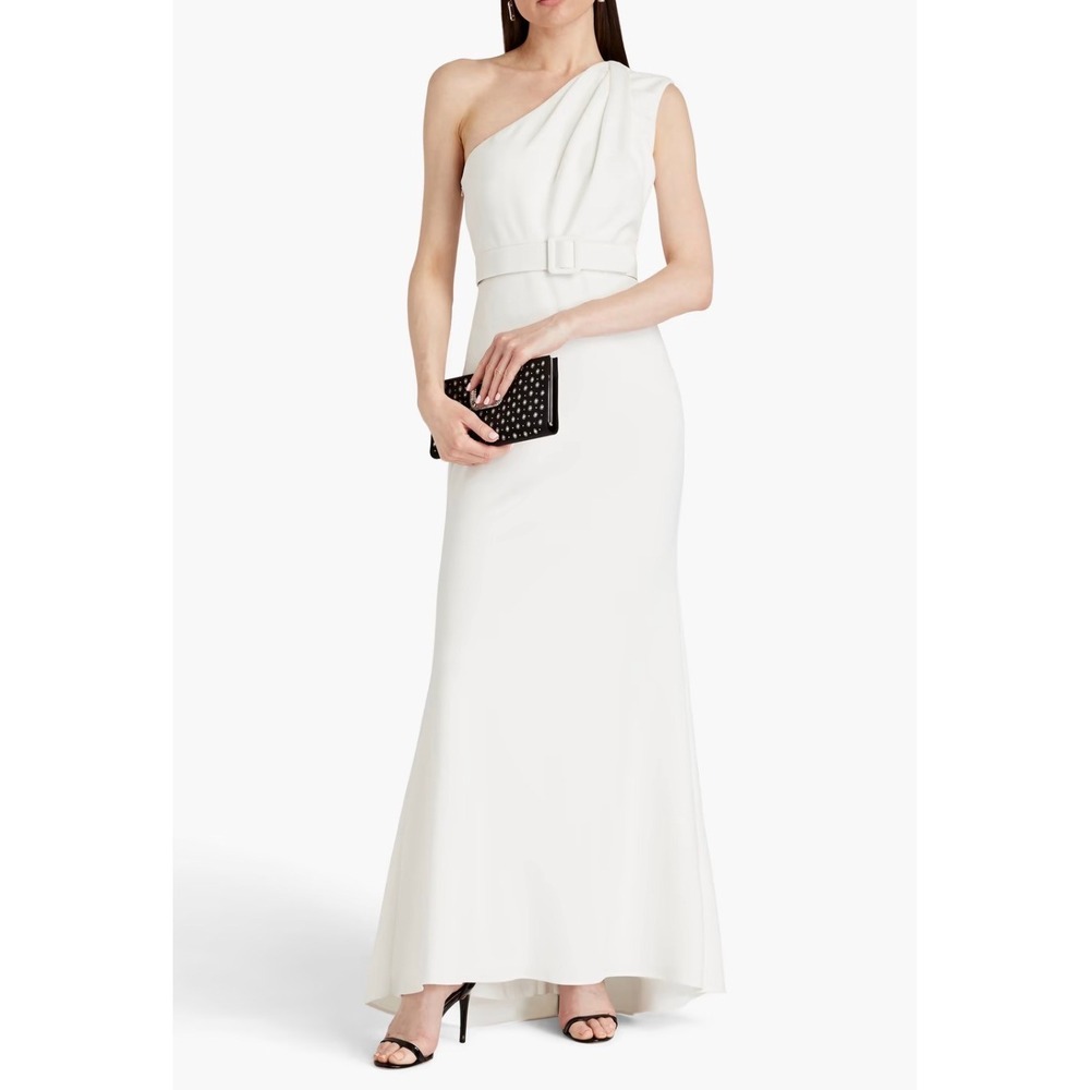 NWT Badgley Mischka Ivory One-Shoulder Belted Column Gown‎ EG3845 Size 8 EG3845